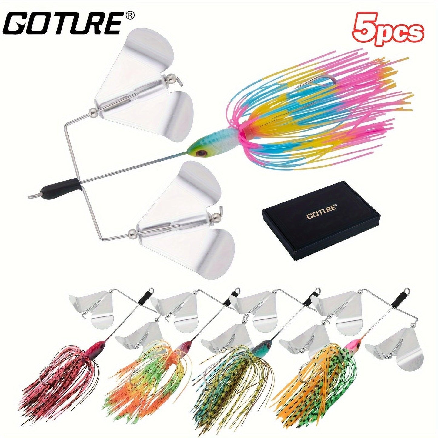 Goture 5-Piece Buzzbait Fishing Lure Set, 3/4 Oz Multicolor Spinner Baits for Freshwater and Saltwater Bass and Trout Fishing - Wild Frontier Gear LLC