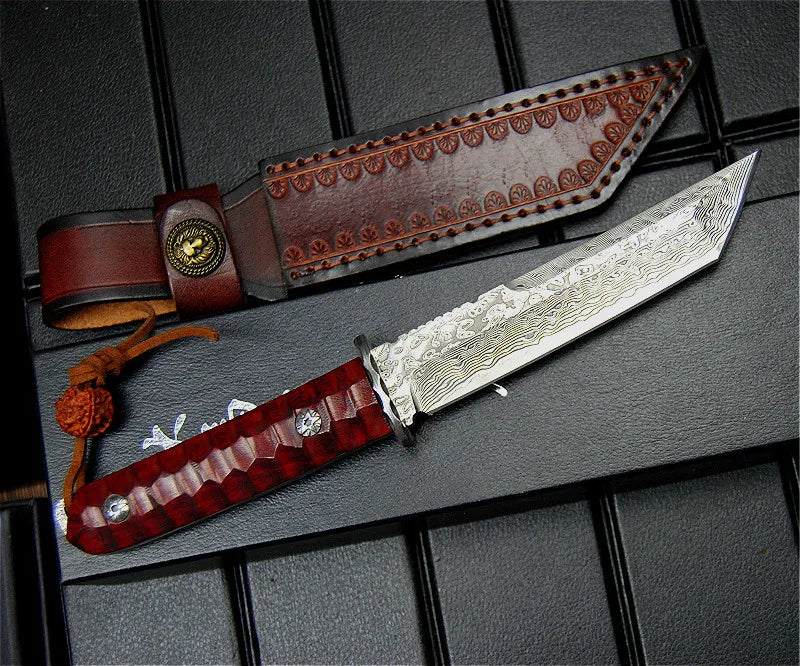 Damascus steel sharp tactical straight knife, jungle rescue knife, Finnish hunting knife + scabbard
