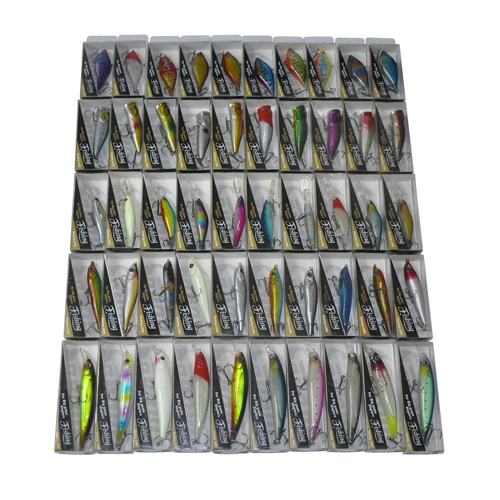 Assorted 50pcs Hard Bait Fishing Lures with Dual Hooks - 6.5cm to 11cm Sizes and Vibrant Colors - Wild Frontier Gear LLC