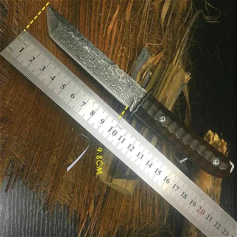 Damascus steel sharp tactical straight knife, jungle rescue knife, Finnish hunting knife + scabbard