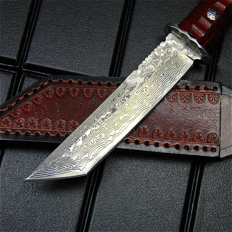 Damascus steel sharp tactical straight knife, jungle rescue knife, Finnish hunting knife + scabbard
