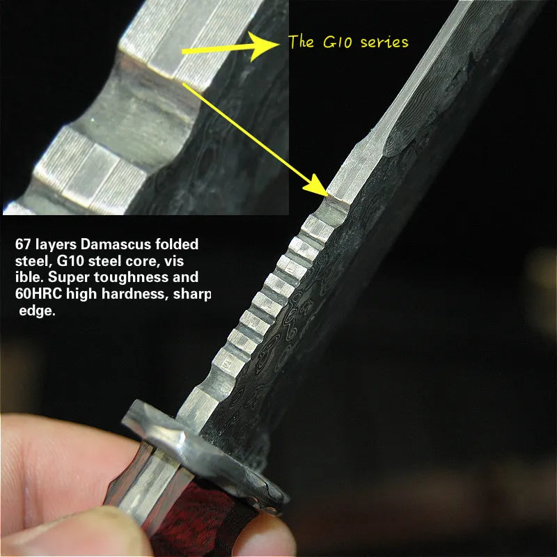 Damascus steel sharp tactical straight knife, jungle rescue knife, Finnish hunting knife + scabbard