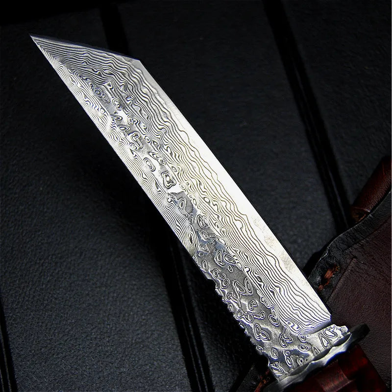 Damascus steel sharp tactical straight knife, jungle rescue knife, Finnish hunting knife + scabbard