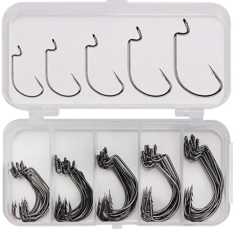 50pcs Wide Worm Hook Carbon Steel Offset Fishhook Bass Barbed Carp Fishing Hook Fishing Accessories Fishing Gear Fishing Tackle