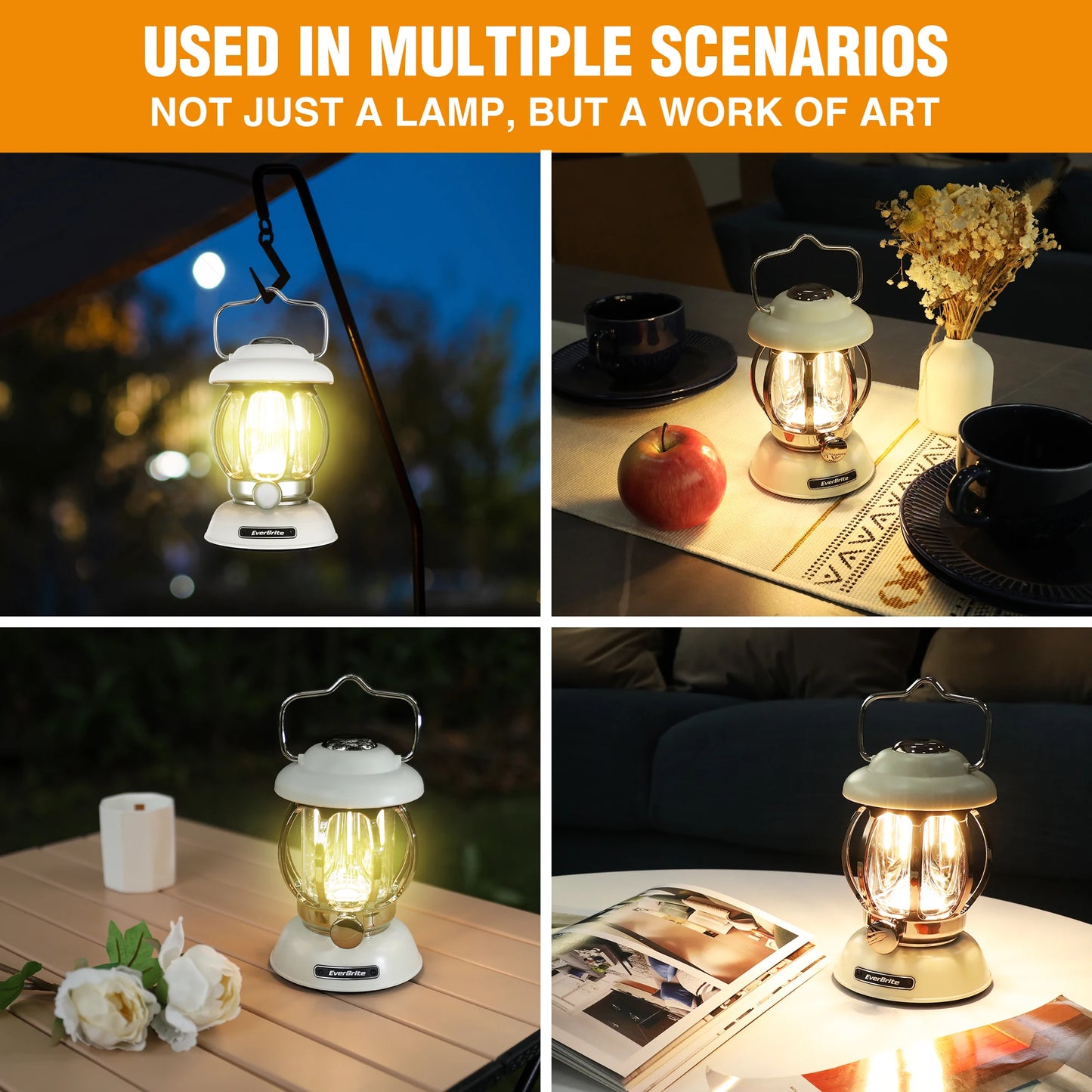 EverBrite Camping Lantern Rechargeable 4400mAh Battery Powered Retro Metal Camping Light 3 Light Modes