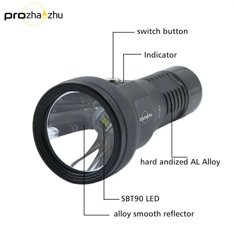 SBT90.2 LED Super Bright Scuba Diving Flashlight Aluminum Alloy 26650 Li-ion Rechargeable Dive Torch IP68 Waterproof 100M