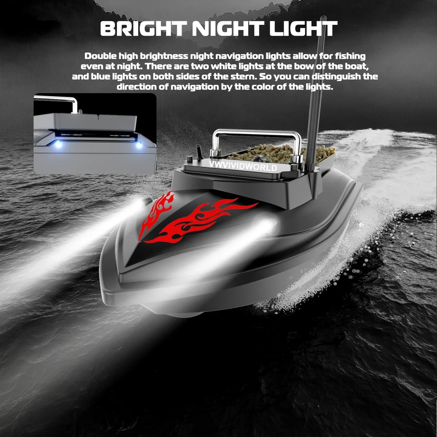 VWVIVIDWORLD Brand,500M Remote Control,RC Fishing Bait Boat,2KG Loaded,Fixed Speed Cruise,Waterproof,High Speed,4 Night Light