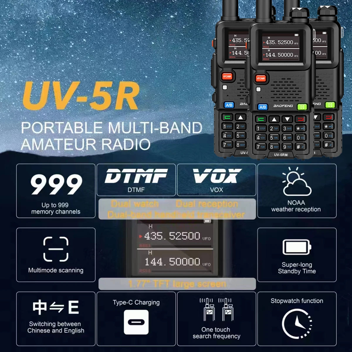 BAOFENG Radio 5RM 10W Ham Radio Long Range Handheld (Upgrade of UV-5R) BFUV-5RH Two Way Radio NOAA Weather Receiver Rechargeable