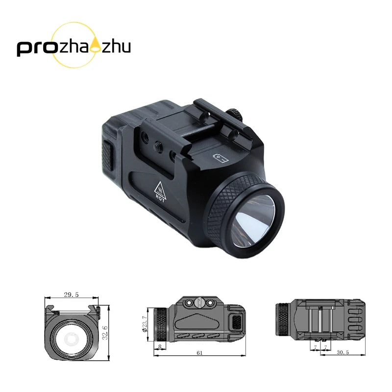 Mini Tactical Flashlight Aluminum Adjustable Rails 500 Lumen IPX5 CR123A 3/4 Hours 9mm Caliber Pistol Mounted Weaponlight