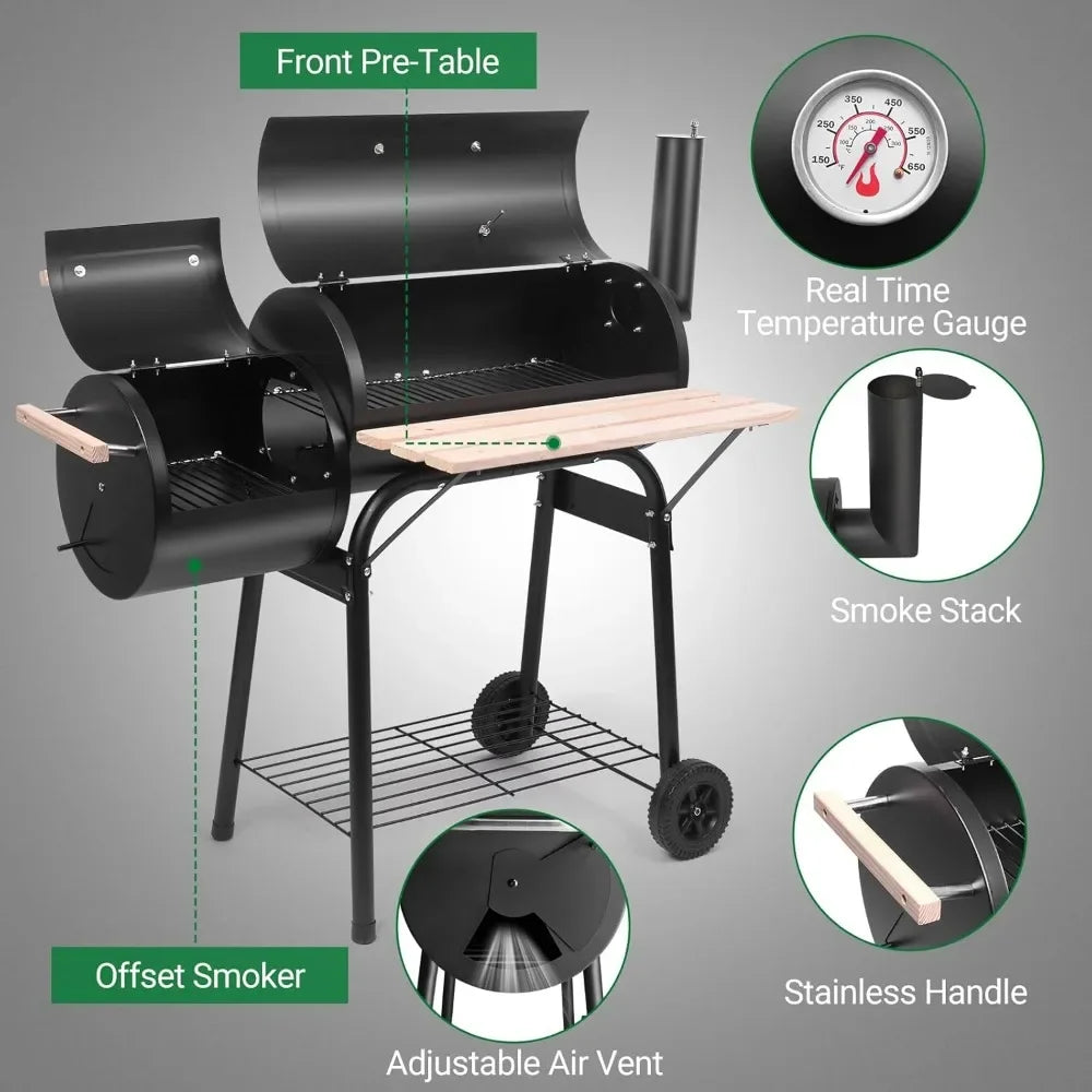 Charcoal Grill and Offset Smoker, Outdoor Patio Barbecue Cooker with Wheels,Side Fire Box for Camping, Picnic, Party Wild Frontier Gear LLC