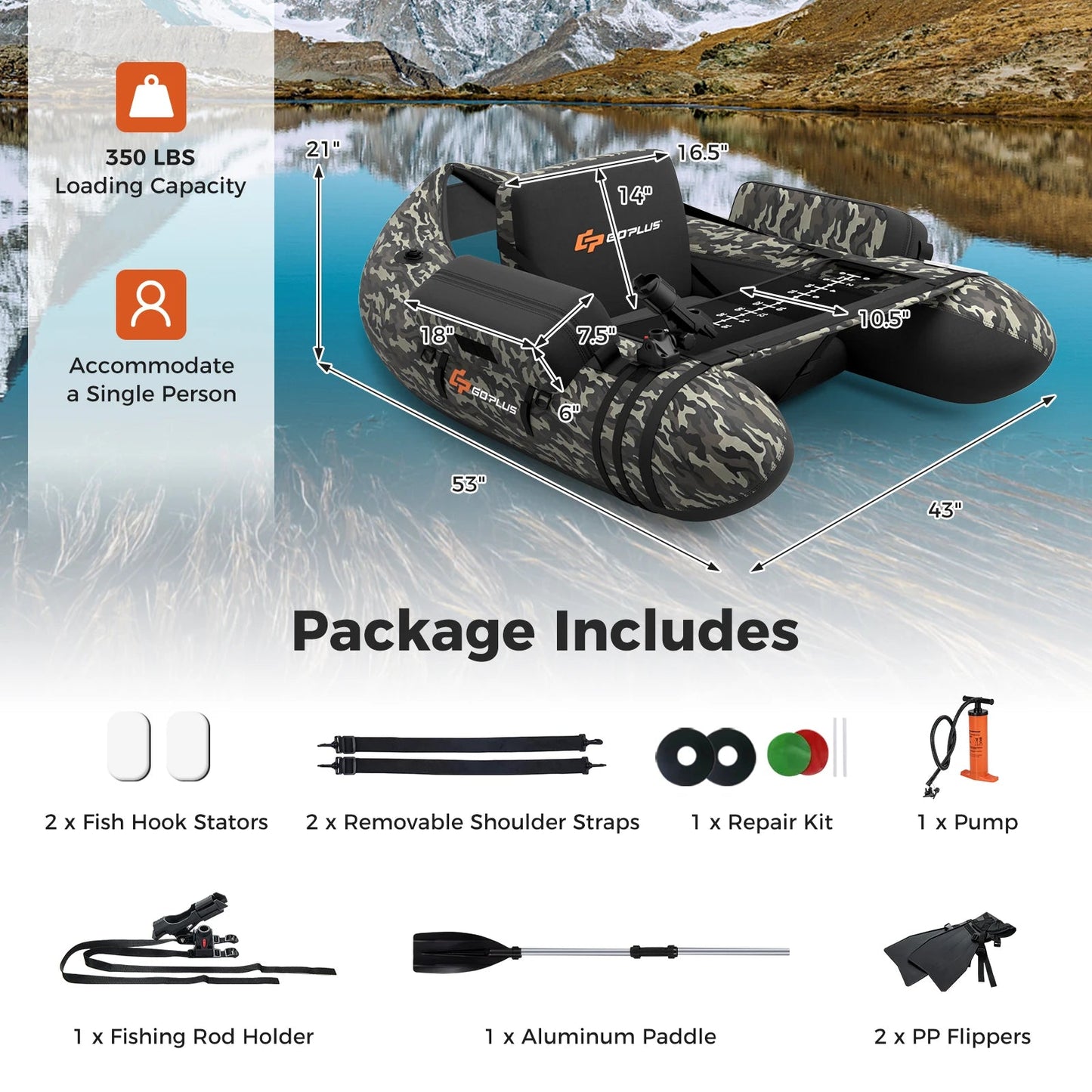 Inflatable Fishing Float Tube w/Adjustable Straps & Storage Pockets & Fish Ruler Wild Frontier Gear LLC