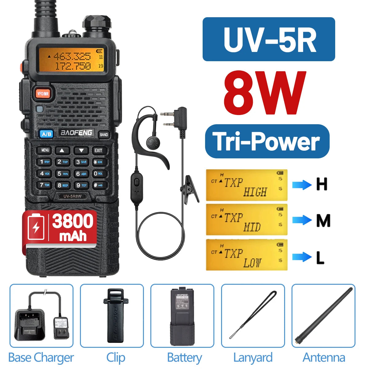 Baofeng Walkie Talkie UV 5R 5W 8W Dual Band Ham Two Way Radio Vhf Uhf FM Radio Handheld Transceiver Hunting 16KM