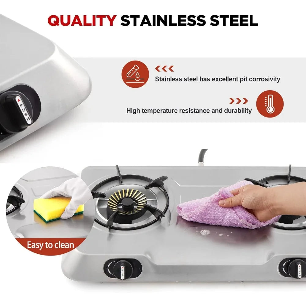 Propane Gas Cooktop 2 Burner Gas Stove Portable Stainless Steel Stove Auto Ignition Camping Dual LPG for RV, Apartment, Outdoor Wild Frontier Gear LLC