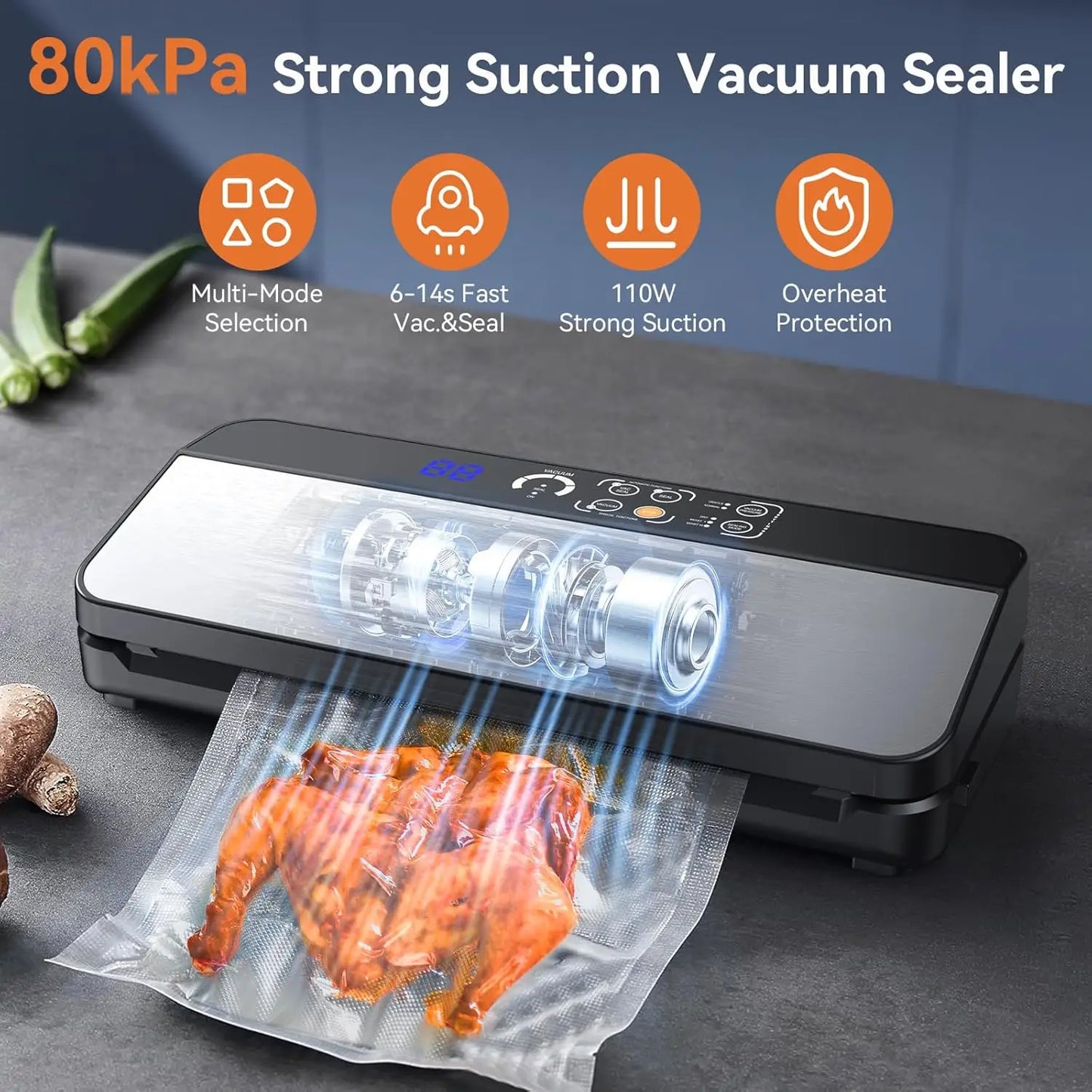 Vacuum Sealer Machine, Food Sealer Machine 80KPA Fully Automatic 8-IN-1 Food Saver for Dry/Moist Mode with Build-in Cutter&Stora