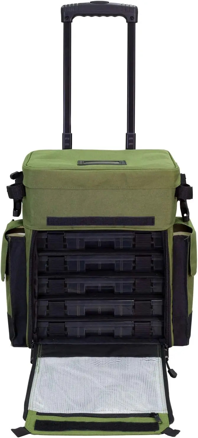 Outdoors Rolling Tackle Box with Wheels - Waterproof Fishing Backpack, 5 Removable Trays, 4 Rod Holders, Gifts for Men, F