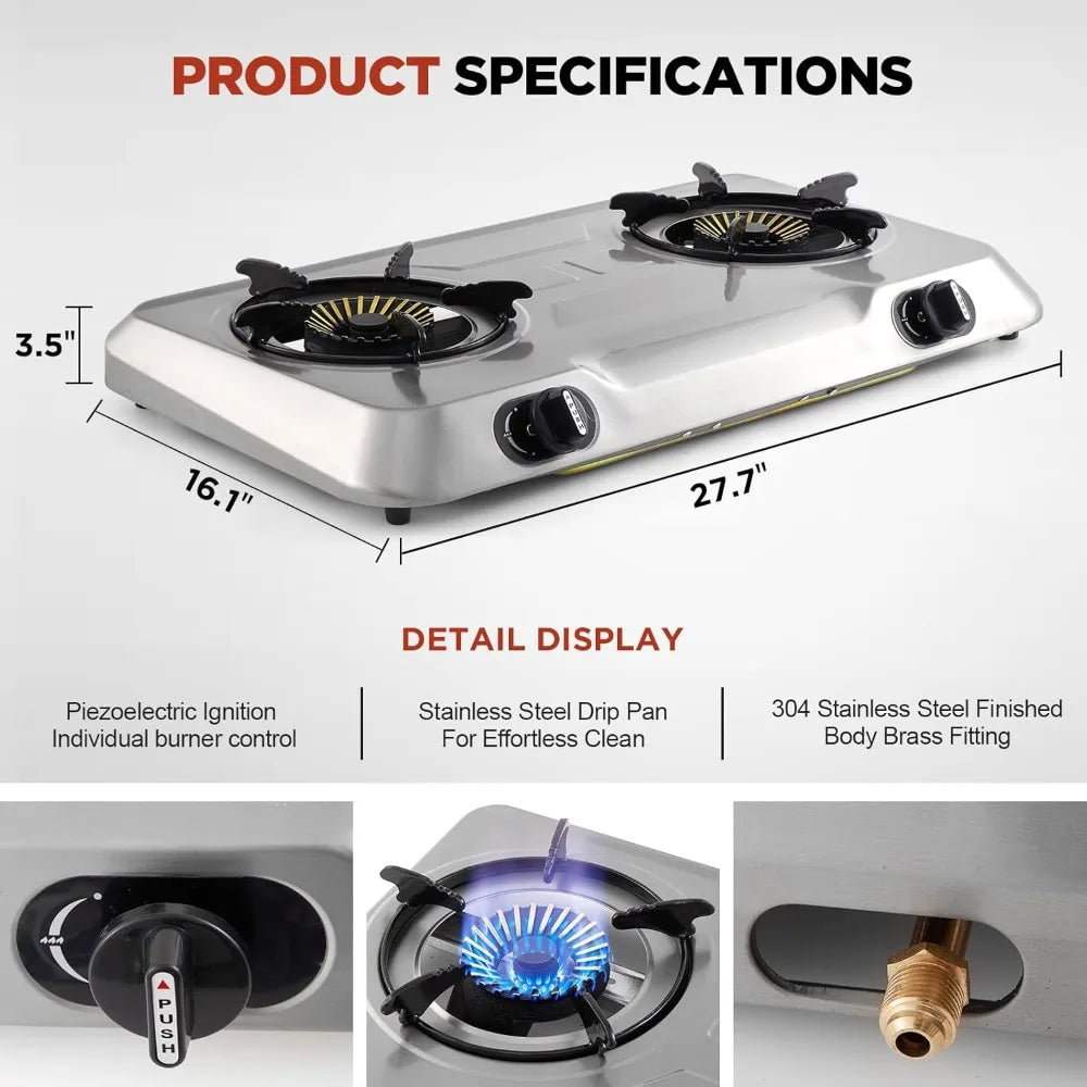 Propane Gas Cooktop 2 Burner Gas Stove Portable Stainless Steel Stove Auto Ignition Camping Dual LPG for RV, Apartment, Outdoor Wild Frontier Gear LLC