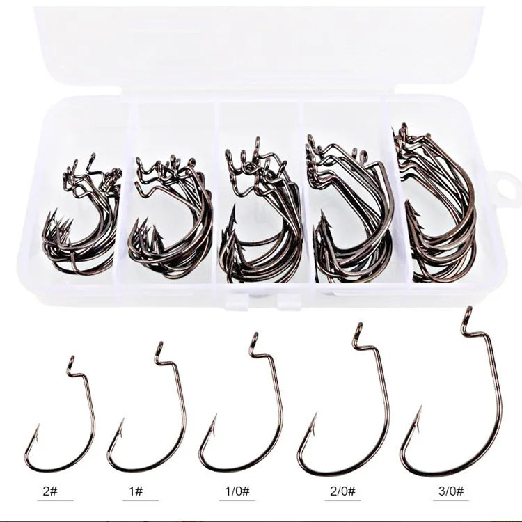 Crank Hook Set 50pcs/Box 2# 1# 1/0# 2/0# 3/0# Having Barbs Crank Soft Bait Road Sub Hook Tackles Fish Hook Sets Suit