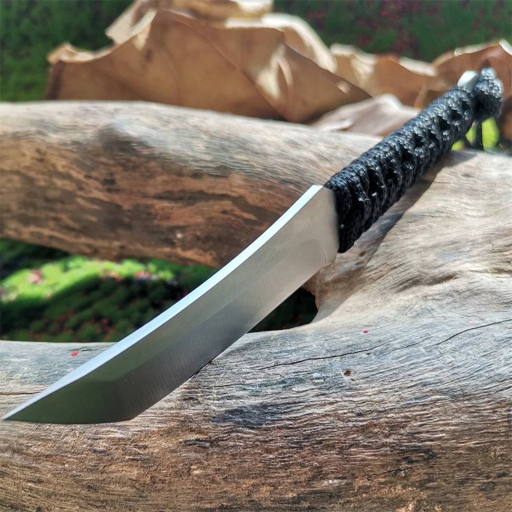 8CR15MOV Stainless Steel Blade Fixed Knife for Hunting, Hiking, and Camping with Nylon Sheath - Sharp, Durable Samurai Sword