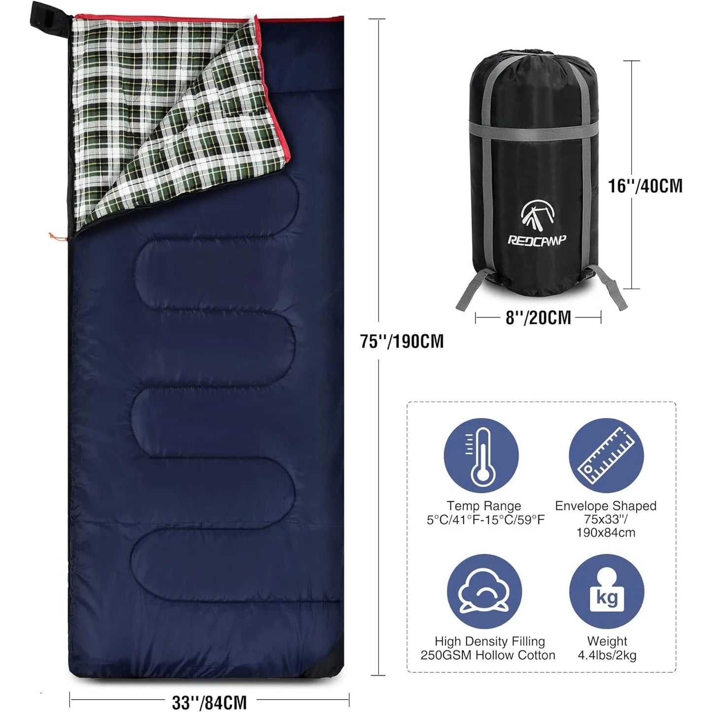 REDCAMP Cotton Flannel Sleeping Bag for Camping Backpacking, Adults Cold Weather Envelope Sleeping Bags with 2/3/4lbs Filling Wild Frontier Gear LLC