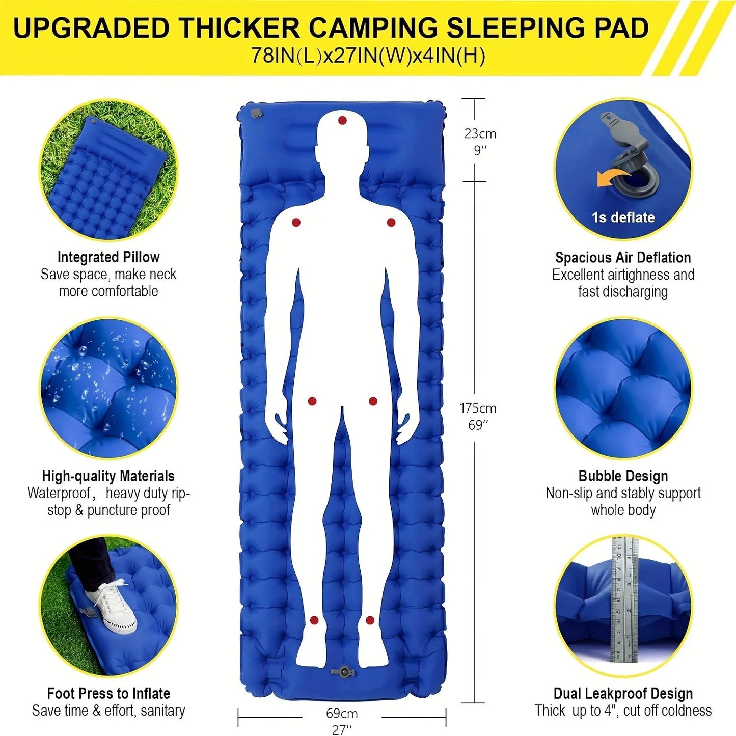 Outdoor camping super thick 4-inch inflatable sleeping mat with built-in pillow and pump air mat for travel hiking climbing Wild Frontier Gear LLC