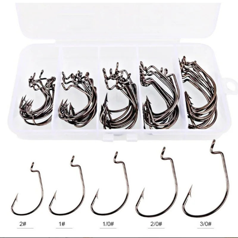 Crank Hook Set 50pcs/Box 2# 1# 1/0# 2/0# 3/0# Having Barbs Crank Soft Bait Road Sub Hook Tackles Fish Hook Sets Suit