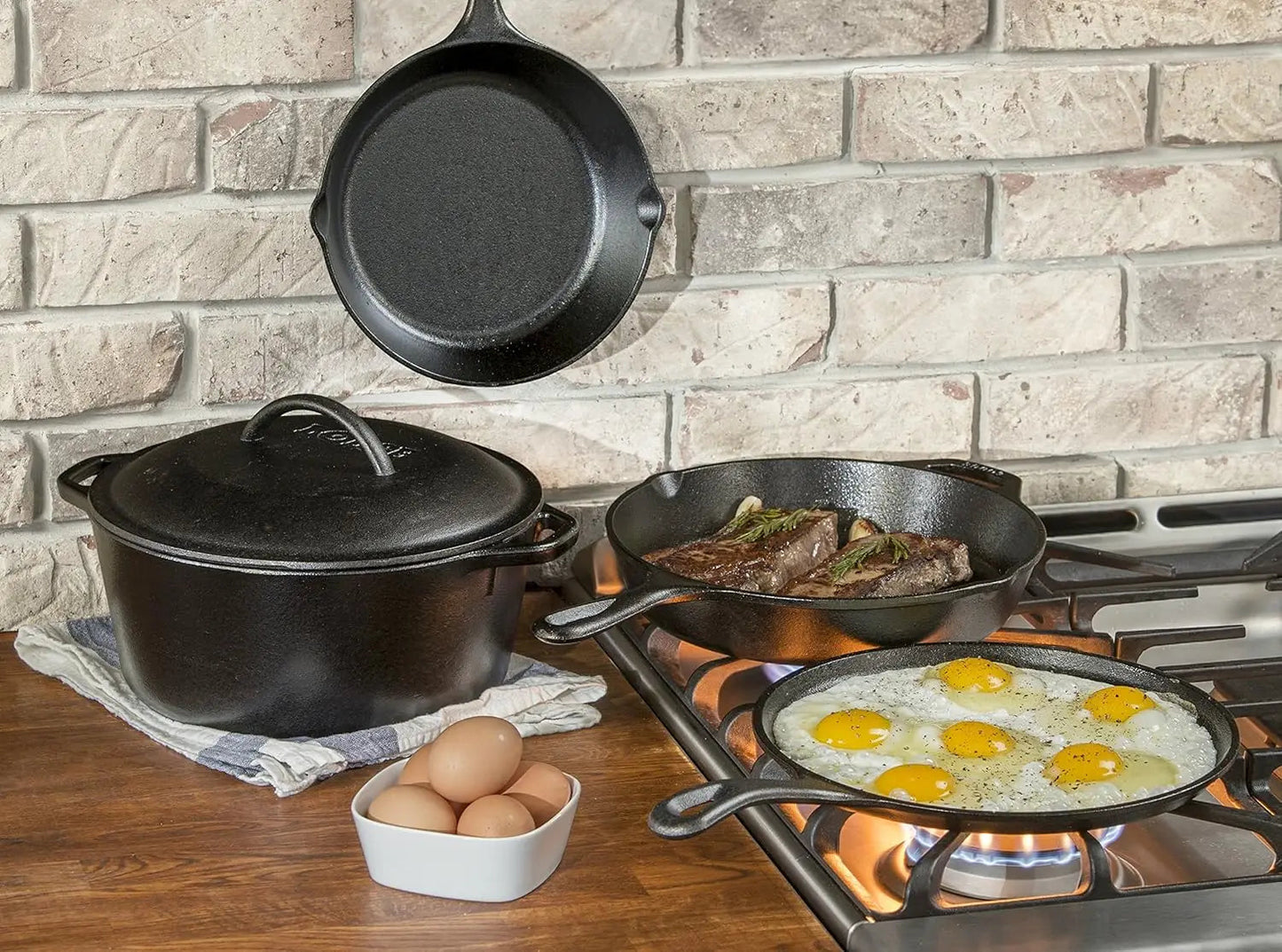 Lodge Seasoned Cast Iron 5 Piece Bundle. 10.5" Griddle, 8" Skillet, 10.25" Skillet, 10.25" Dutch Oven, and 10.25" Lid,Black Wild Frontier Gear LLC