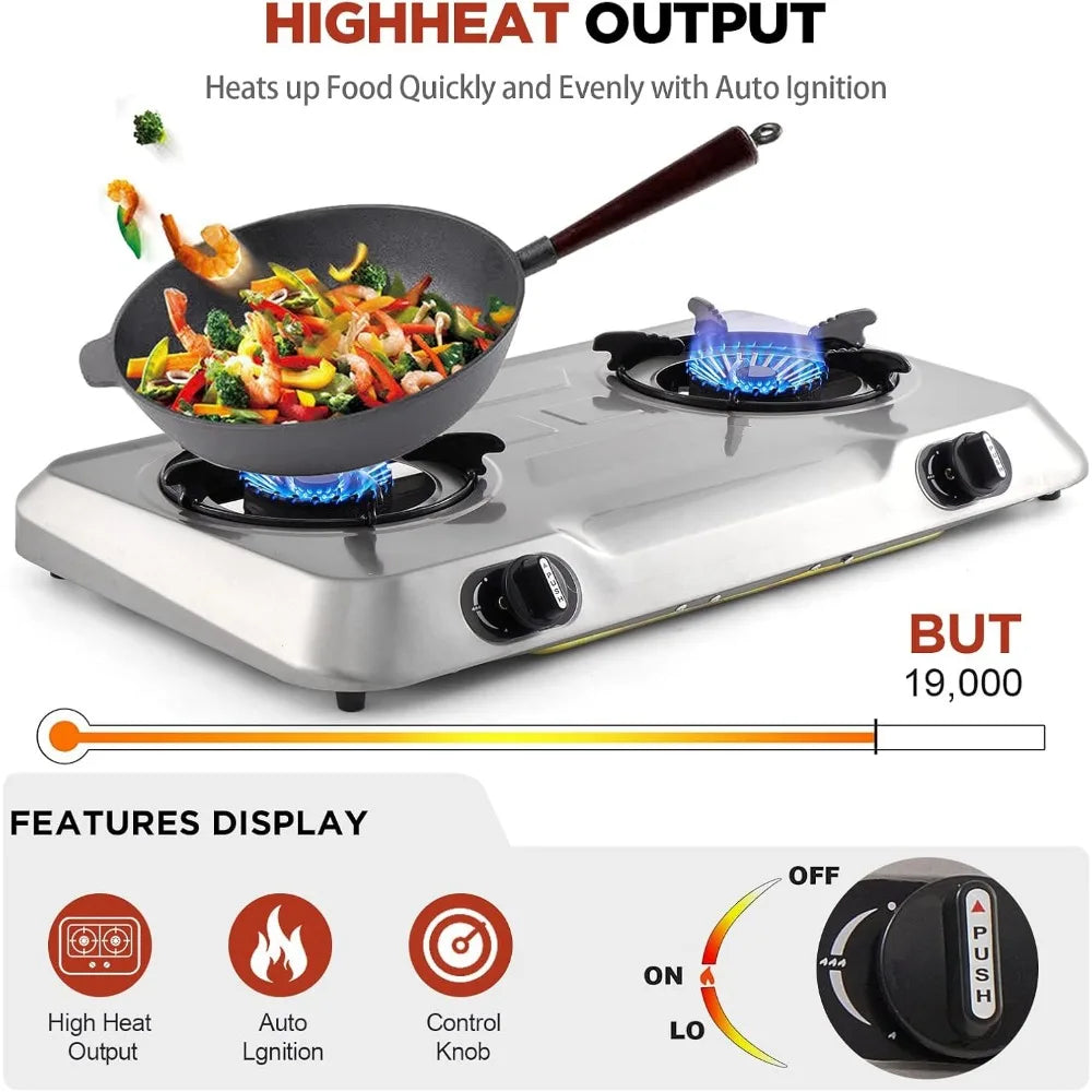 Propane Gas Cooktop 2 Burner Gas Stove Portable Stainless Steel Stove Auto Ignition Camping Dual LPG for RV, Apartment, Outdoor Wild Frontier Gear LLC