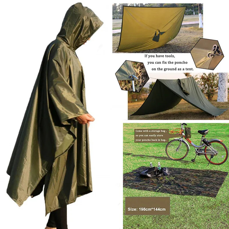 3 In 1 Outdoor Military Waterproof Raincoat Rain Coat Men Raincoat Women Awning From The Rain Motorcycle Rain Poncho Picnic Mat