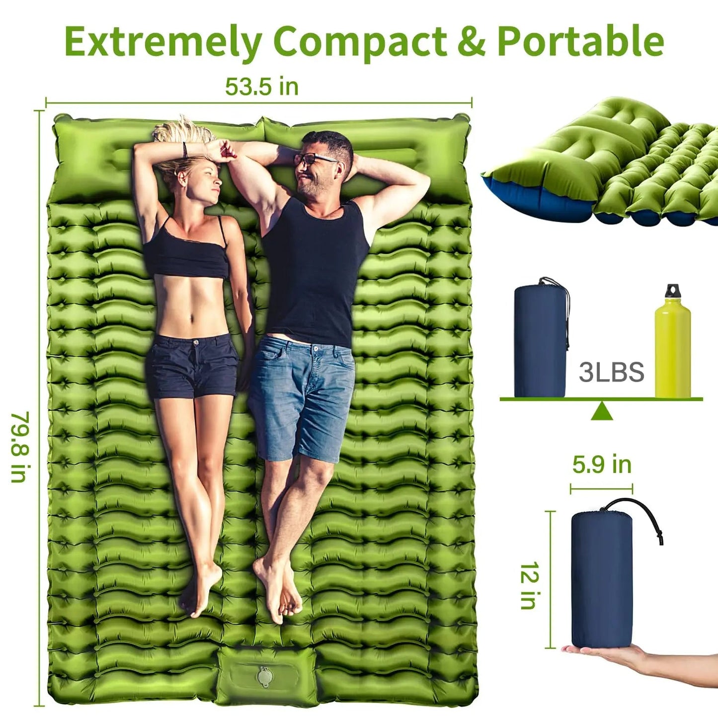 WESTTUNE Inflatable Mattress 4" Thick for 2 Person with Pillow Built-in Foot Pump Double Sleeping Pad for Backpacking Hiking Wild Frontier Gear LLC