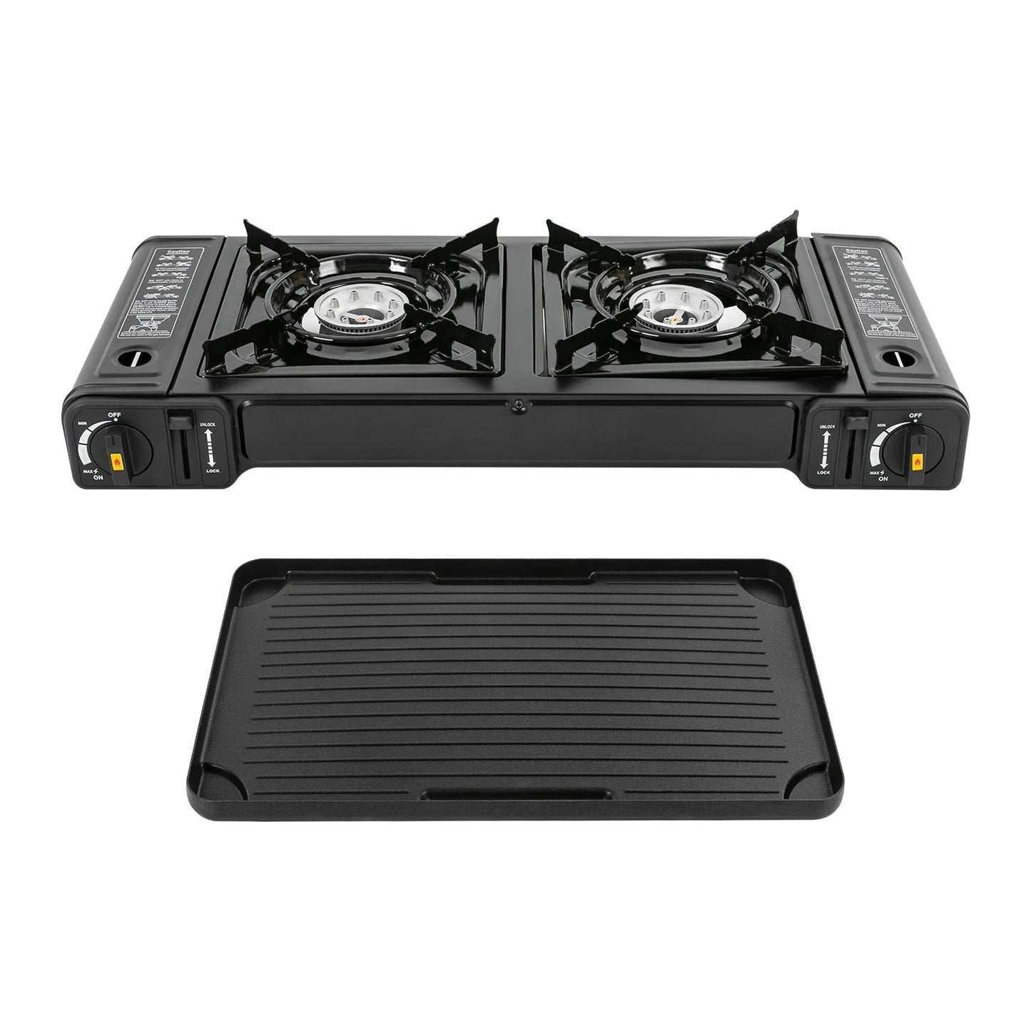 Double Burner Butane Stove Camping Stove Kit with Grill Plate and Carrying Case Portable Auto Ignition Camping Burner LPG Wild Frontier Gear LLC