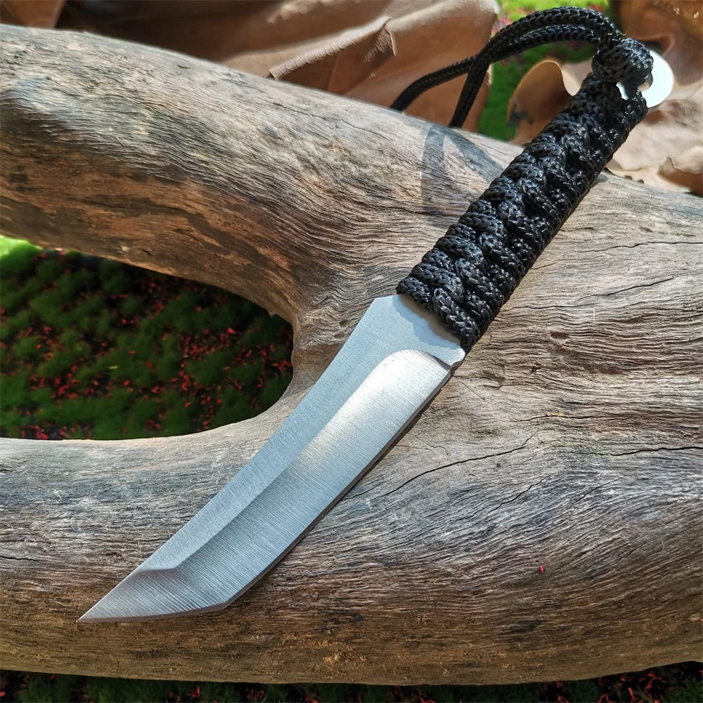 8CR15MOV Stainless Steel Blade Fixed Knife for Hunting, Hiking, and Camping with Nylon Sheath - Sharp, Durable Samurai Sword