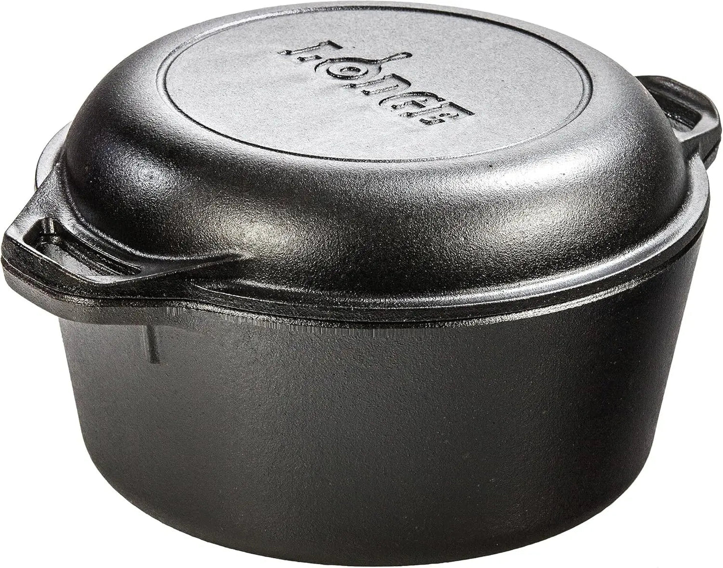 Lodge 5 Quart Pre-Seasoned Cast Iron Double Dutch Oven with Lid - Dual Handles - Lid Doubles as 10.25 Inch Cast Iron Grill Pan - Wild Frontier Gear LLC