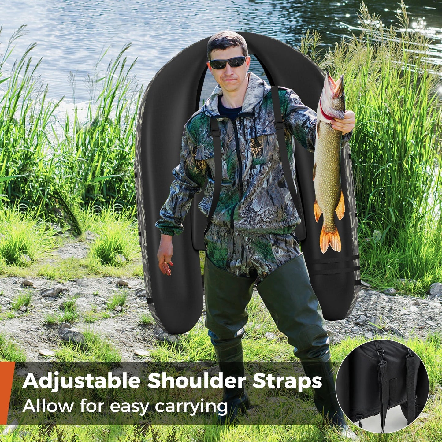 Inflatable Fishing Float Tube w/Adjustable Straps & Storage Pockets & Fish Ruler Wild Frontier Gear LLC