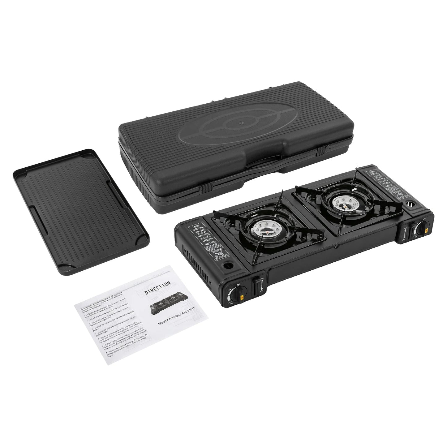 Double Burner Butane Stove Camping Stove Kit with Grill Plate and Carrying Case Portable Auto Ignition Camping Burner LPG Wild Frontier Gear LLC