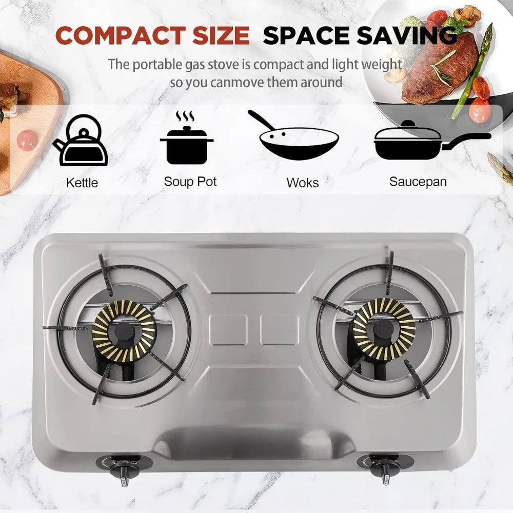 Propane Gas Cooktop 2 Burner Gas Stove Portable Stainless Steel Stove Auto Ignition Camping Dual LPG for RV, Apartment, Outdoor Wild Frontier Gear LLC