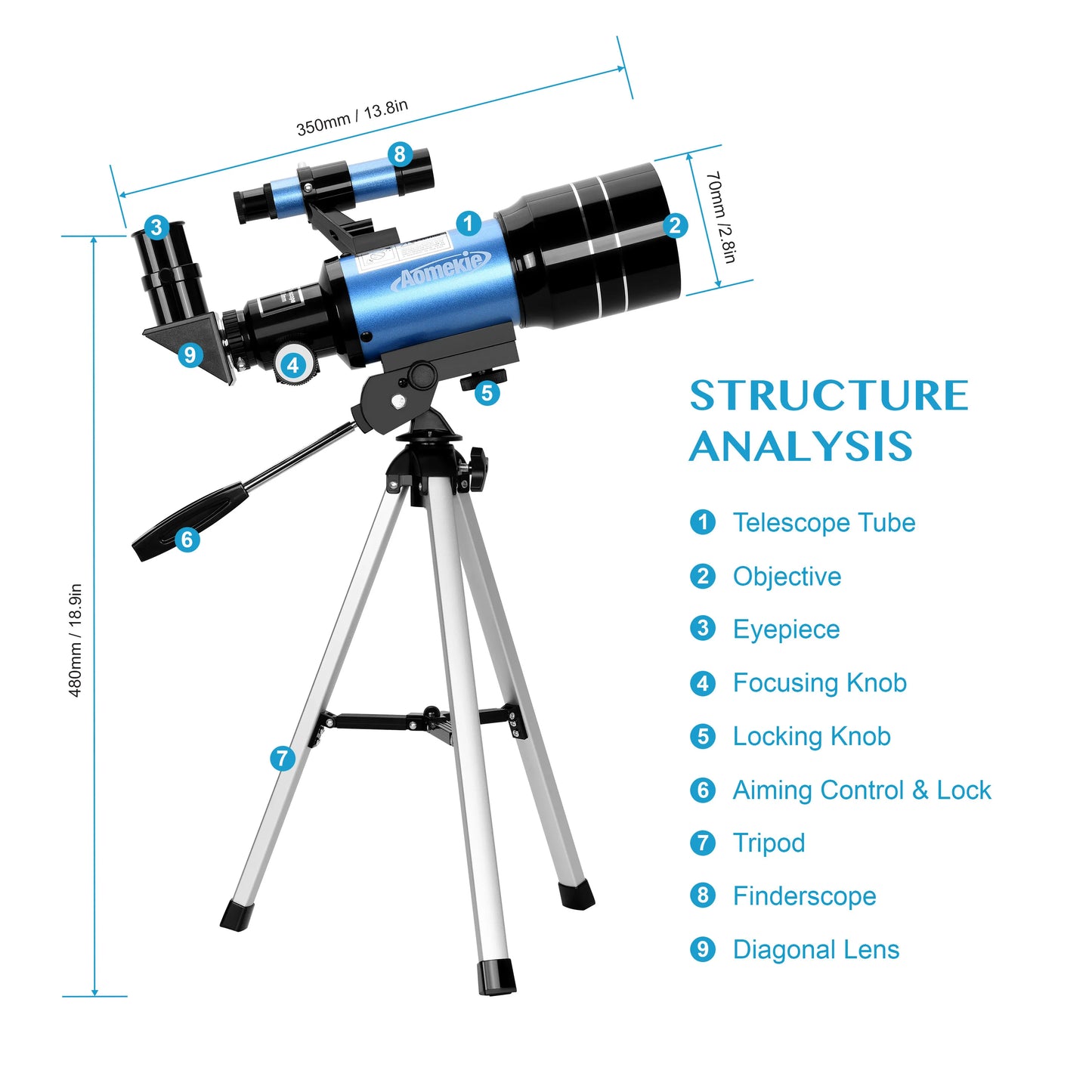 30070 Telescope 1.25" Eyepieces Wide Vision Moon Watching Monocular with Tripod 1.5X Erecting Eyepiece 3X Barlow Lens Kids Gift