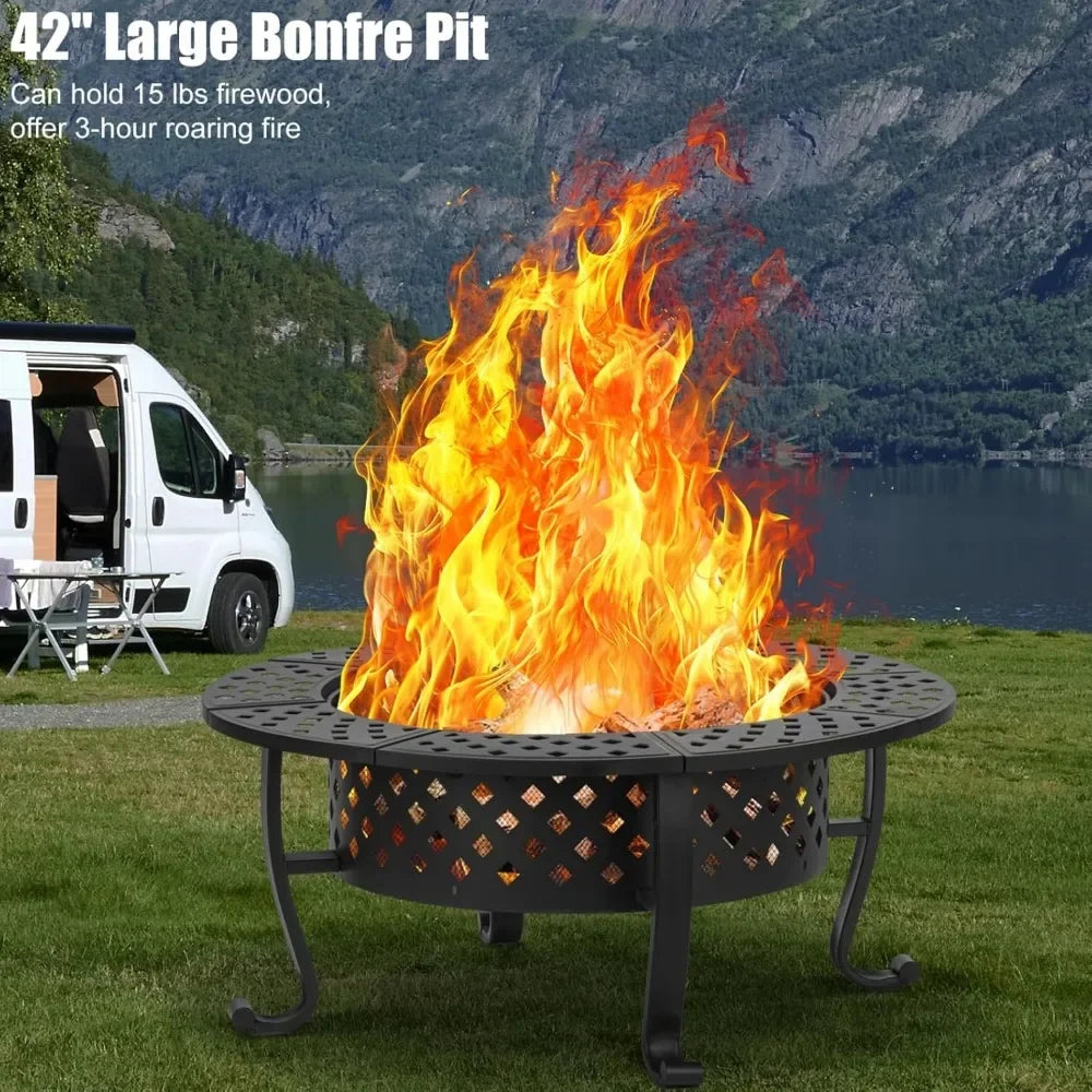 42 Inch Fire Pit with 2 BBQ Grills, Wood Burning Fire Pits for Outside with Lid & Fire Poker, BBQ& Outdoor Firepit & Round Metal Wild Frontier Gear LLC