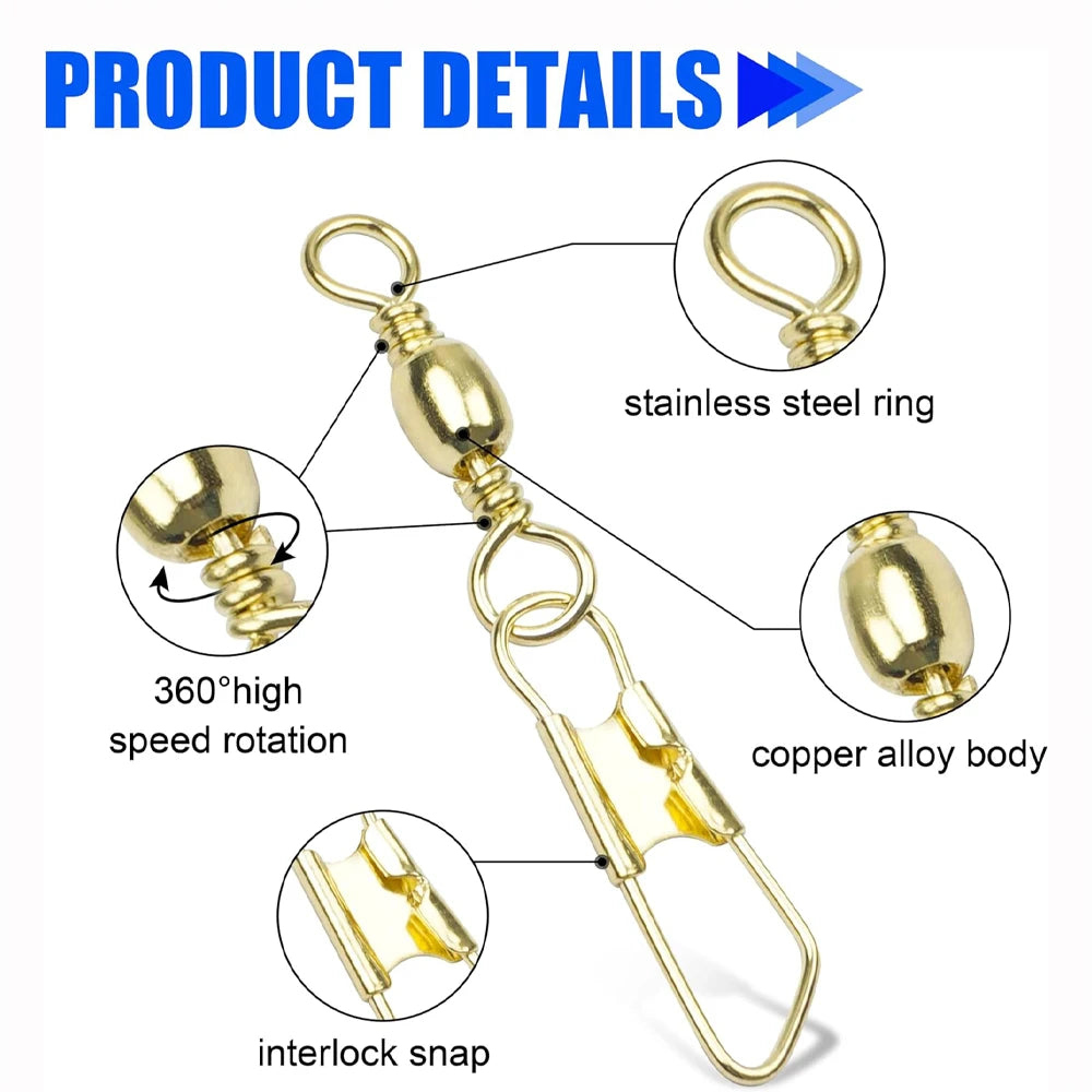 50Pcs Gold Fishing Barrel Swivel with Safety Copper Fishing Connector Snap Swivels High Strength lure Fishing Accessories Tackle