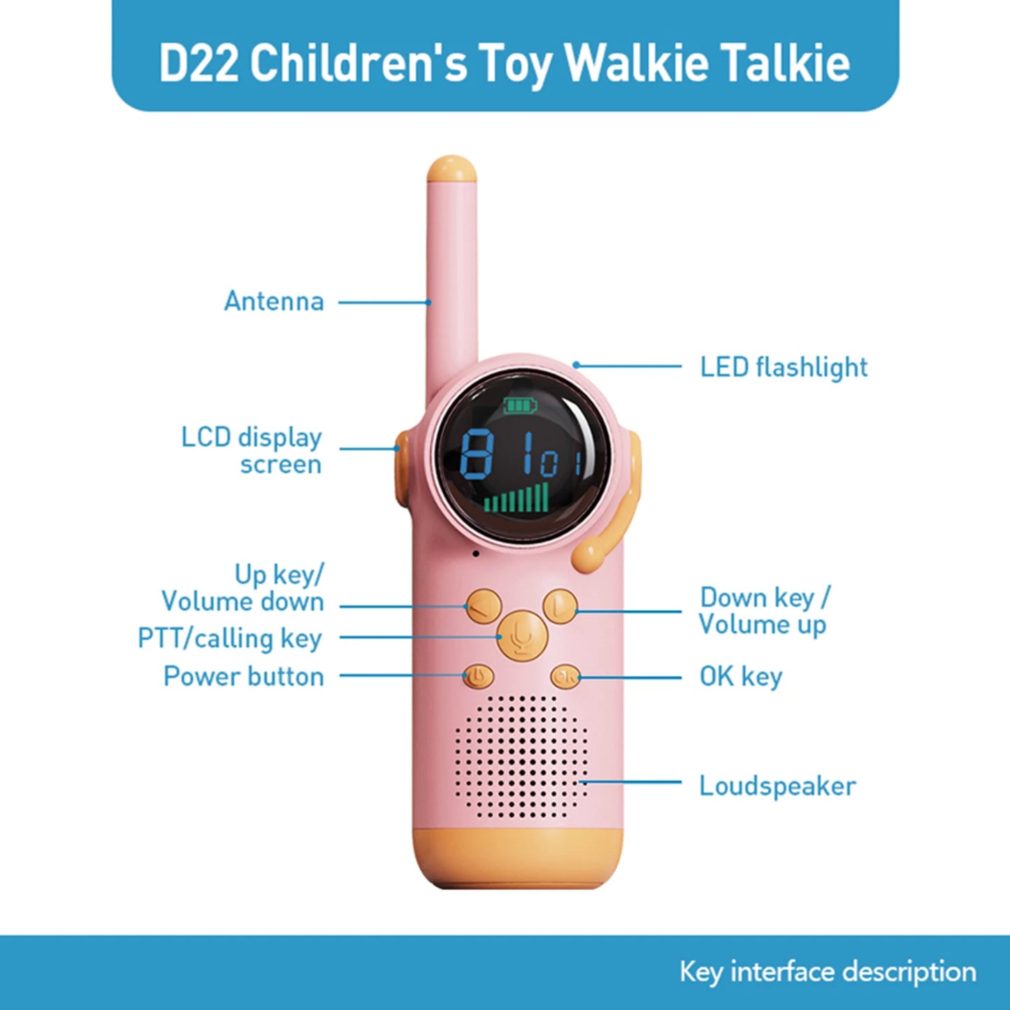 Children's two person toy, rechargeable walkie talkie for children, working time 48 hours, 3-mile range, 22 channels with flashl