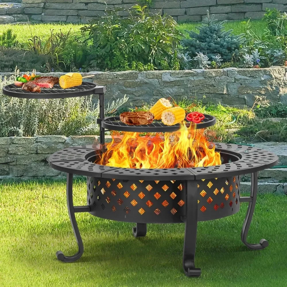 42 Inch Fire Pit with 2 BBQ Grills, Wood Burning Fire Pits for Outside with Lid & Fire Poker, BBQ& Outdoor Firepit & Round Metal Wild Frontier Gear LLC