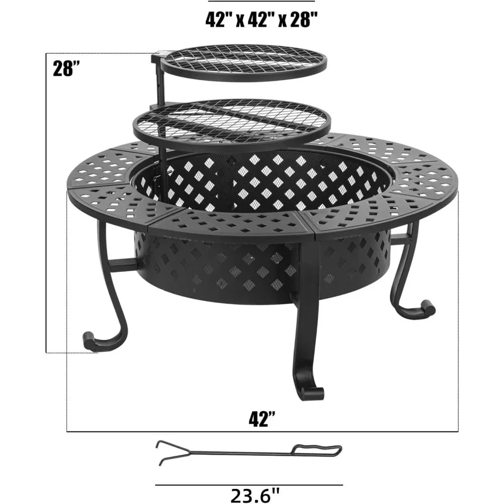 42 Inch Fire Pit with 2 BBQ Grills, Wood Burning Fire Pits for Outside with Lid & Fire Poker, BBQ& Outdoor Firepit & Round Metal Wild Frontier Gear LLC
