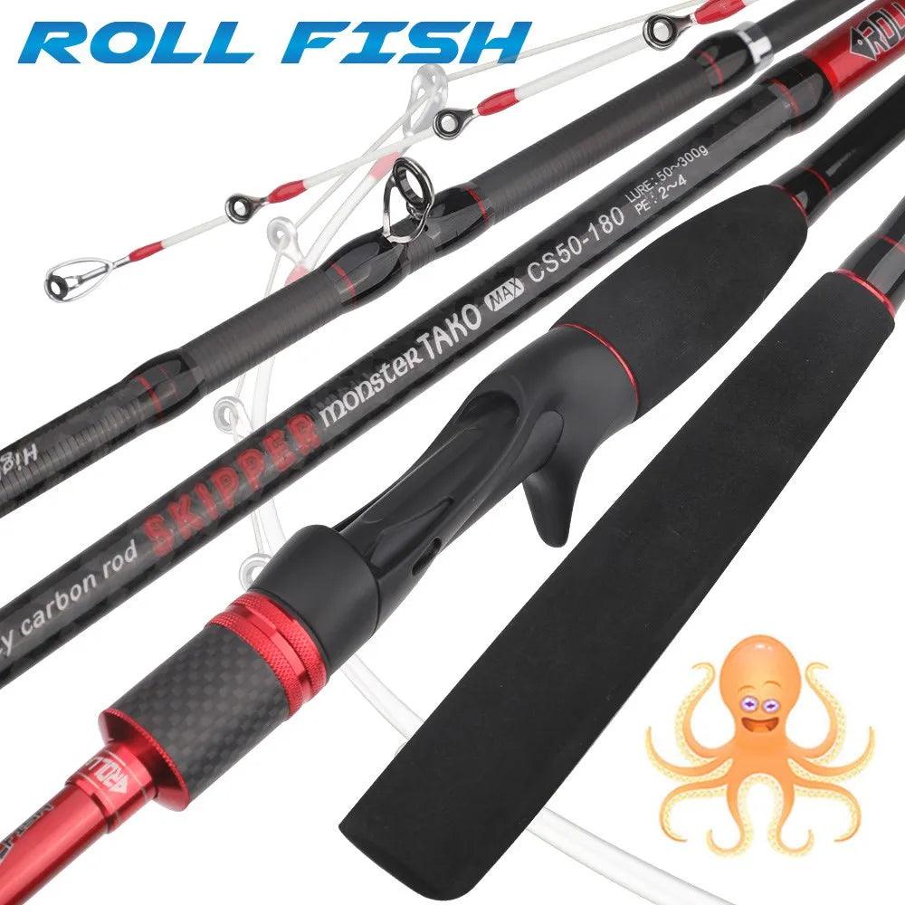 ROLLFISH Solid Tip Octopus Squid Cuttle Carbon Fiber Casting Fishing Rod Saltwater Boat Light Jigging Rod Action 9:1 WT144g 1.8M - Wild Frontier Gear LLC