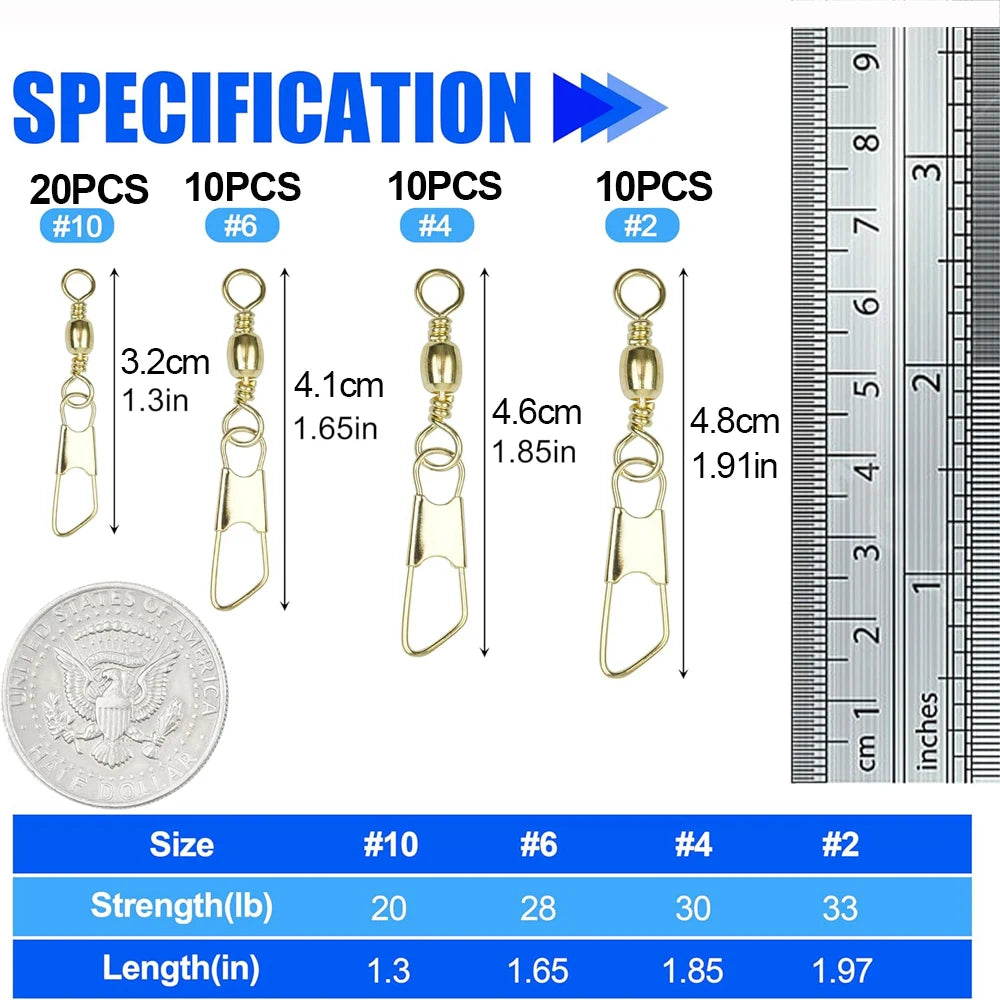 50Pcs Gold Fishing Barrel Swivel with Safety Copper Fishing Connector Snap Swivels High Strength lure Fishing Accessories Tackle