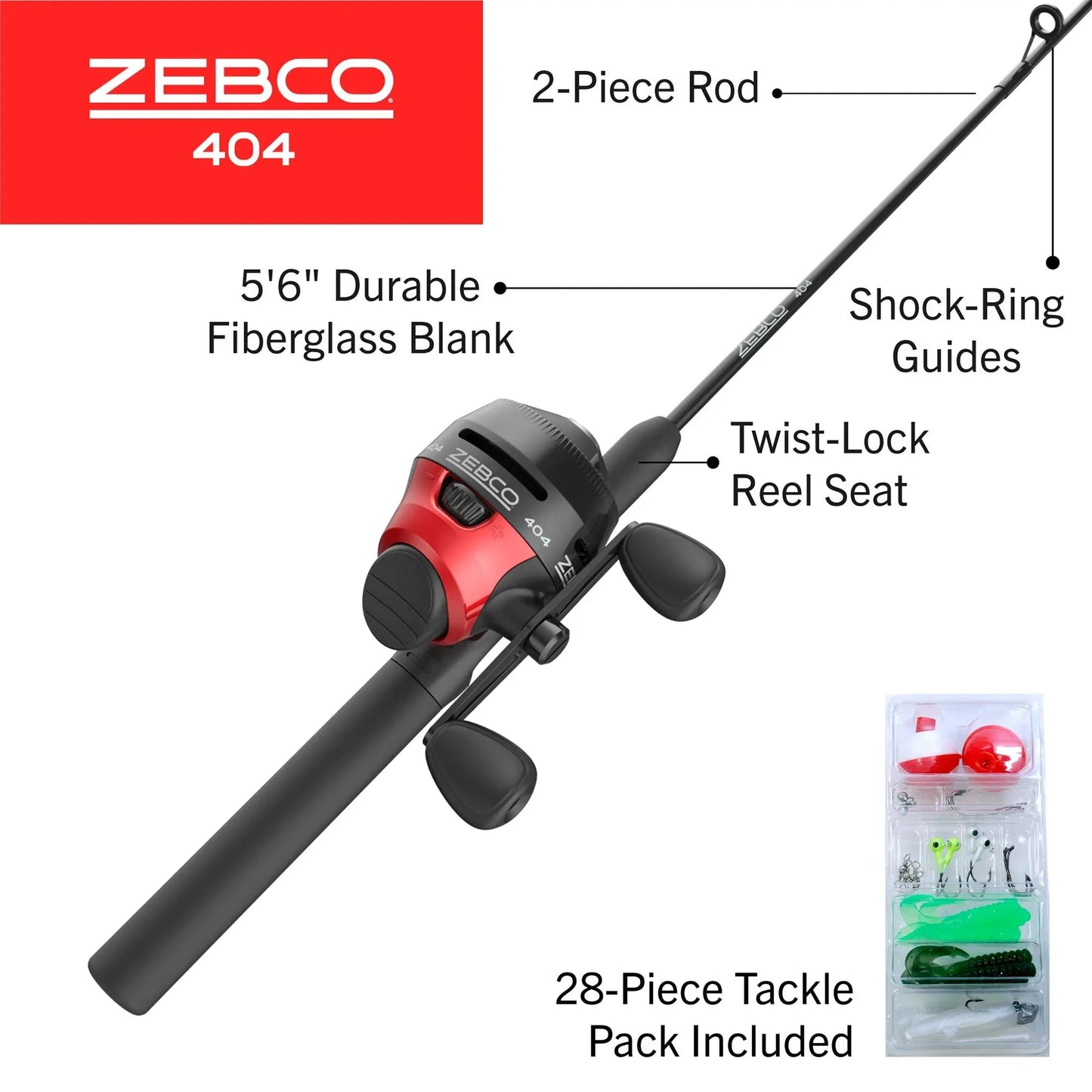 Zebco 404 Spincast Reel & Rod Combo: 5'6" 2-Piece Pole, Size 40 Reel, RH Retrieve, with 28-Piece Tackle Kit, Black/Red Wild Frontier Gear LLC