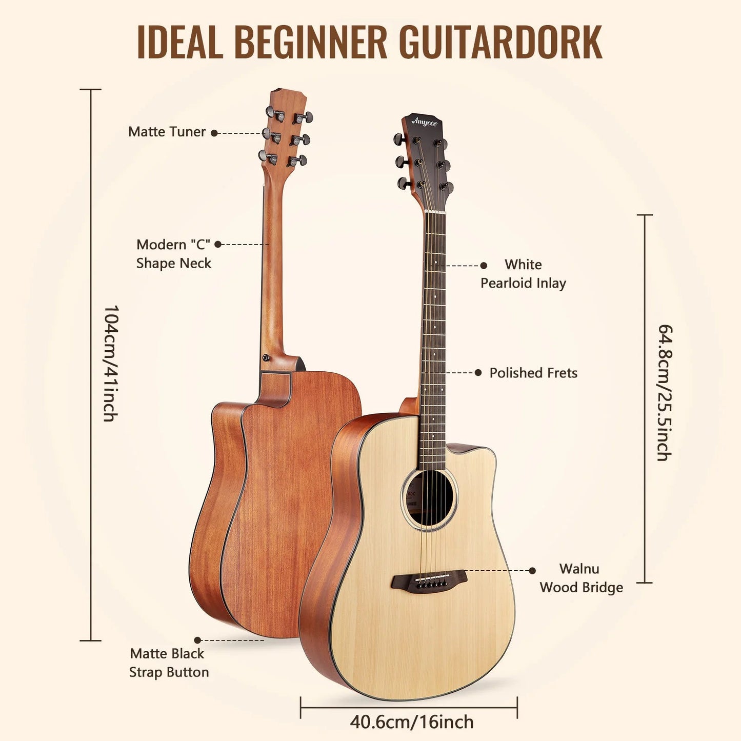 41" Acoustic Guitar Full Size Steel Acustica Guitarra with Gig Bag, Tuner, Strap, Strings, Picks, Capos, Cutaway, Right Hand Wild Frontier Gear LLC