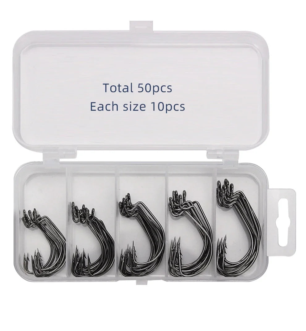 Crank Hook Set 50pcs/Box 2# 1# 1/0# 2/0# 3/0# Having Barbs Crank Soft Bait Road Sub Hook Tackles Fish Hook Sets Suit