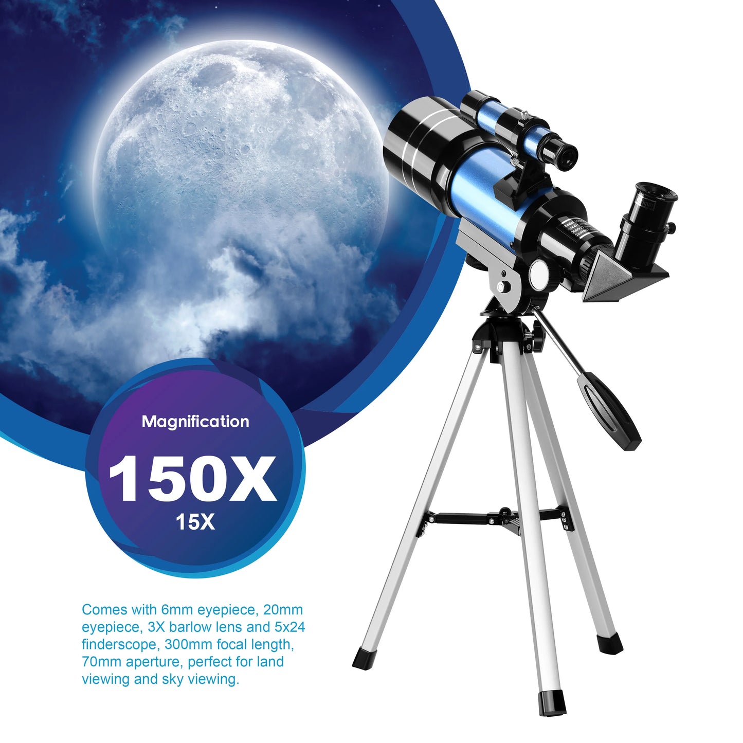 30070 Telescope 1.25" Eyepieces Wide Vision Moon Watching Monocular with Tripod 1.5X Erecting Eyepiece 3X Barlow Lens Kids Gift