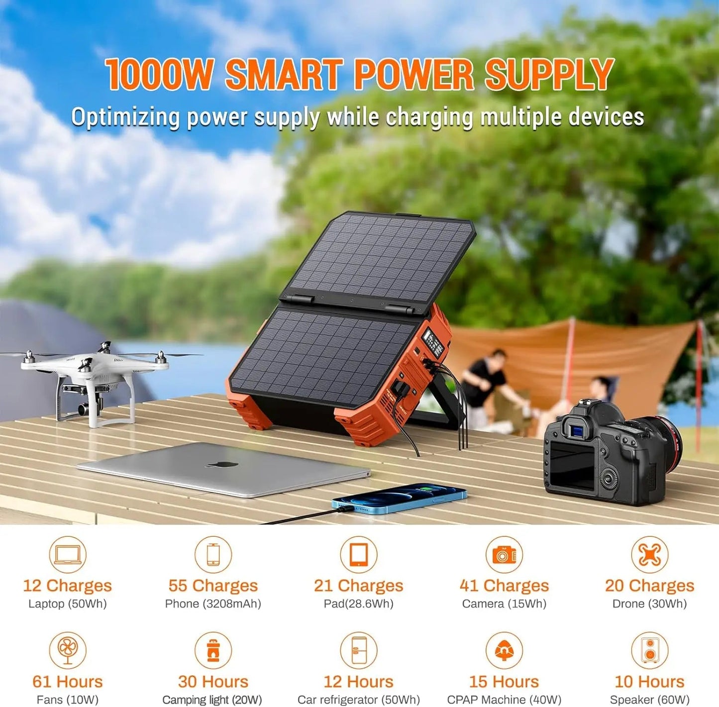wey Portable Power Station 1000W With Built-In Solar Panel, 614Wh/192000Mah Lifepo4 Battery Pack, Solar Generator With Wild Frontier Gear LLC