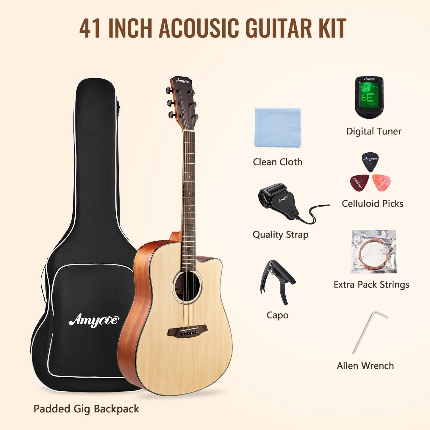 41" Acoustic Guitar Full Size Steel Acustica Guitarra with Gig Bag, Tuner, Strap, Strings, Picks, Capos, Cutaway, Right Hand Wild Frontier Gear LLC