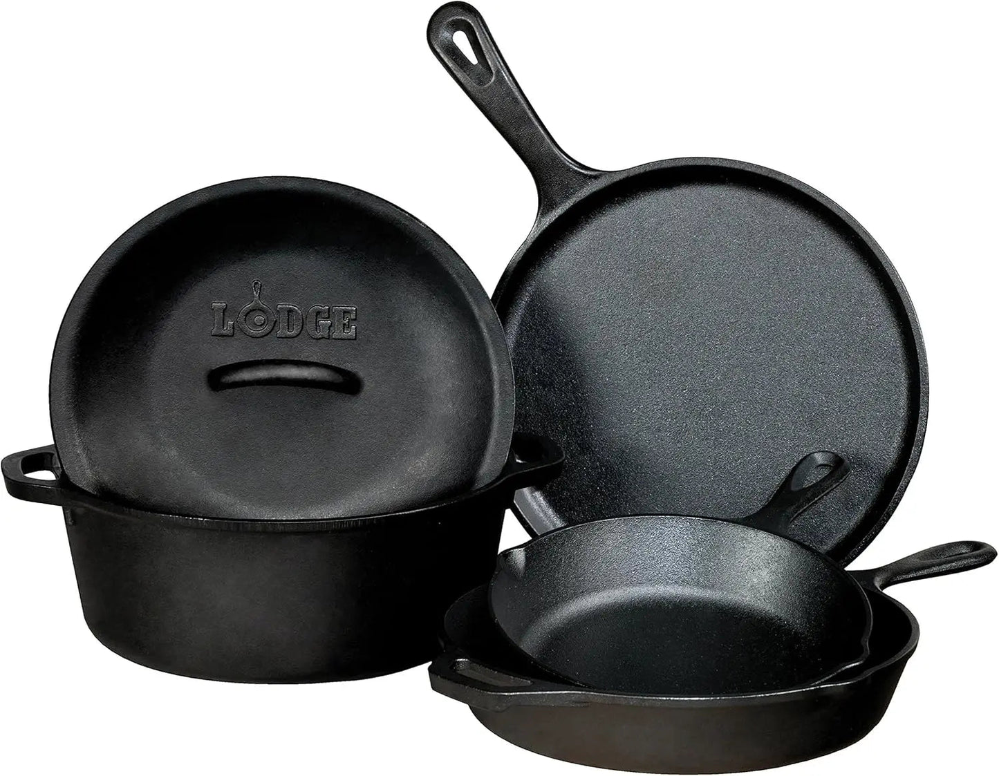 Lodge Seasoned Cast Iron 5 Piece Bundle. 10.5" Griddle, 8" Skillet, 10.25" Skillet, 10.25" Dutch Oven, and 10.25" Lid,Black Wild Frontier Gear LLC